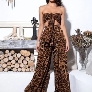 LOVE & LEMONADE Leopard Wide Leg Pants with Scarf Top